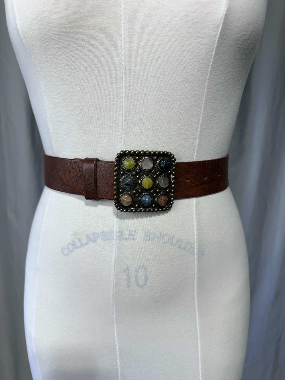Brown Leather Belt with Multicolor Stone Buckle - Women Accessories